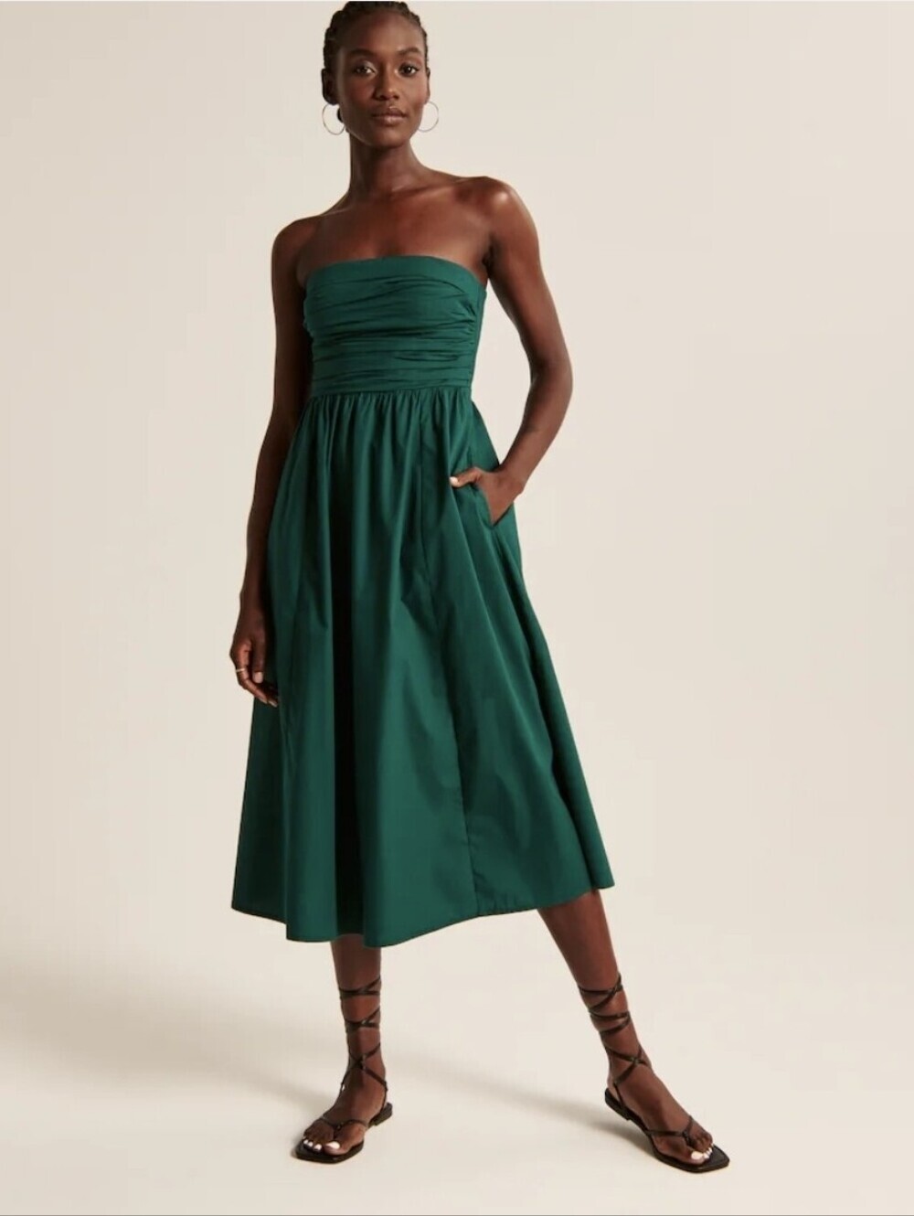 Abercrombie & Fitch Strapless Ruched Green Poplin Midi Dress Size XXST